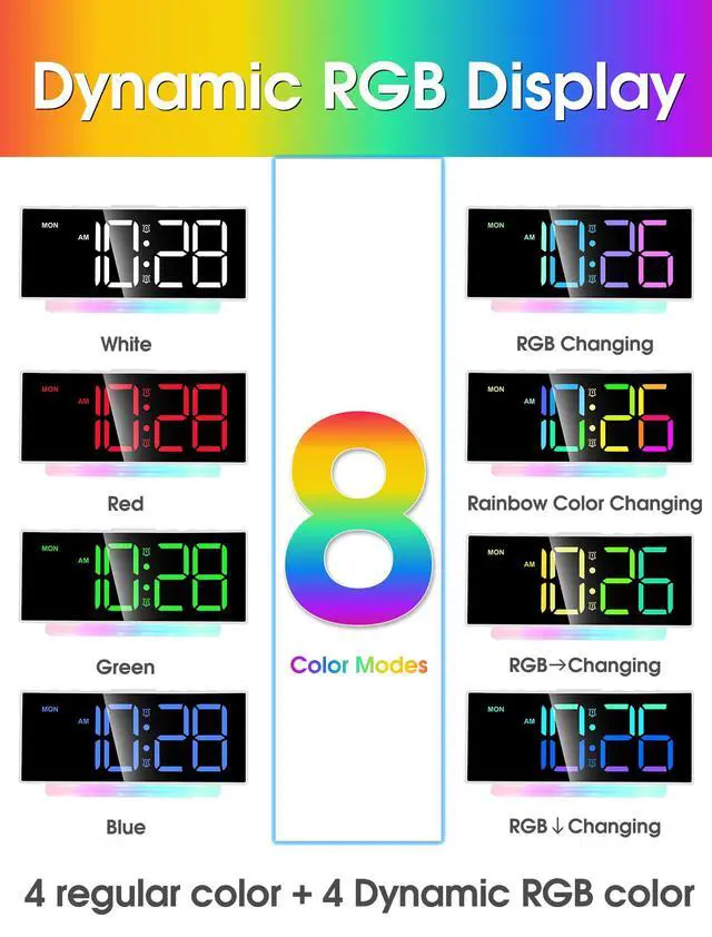 Alt view image 5 of 6 - Extra Loud Alarm Clock for Heavy Sleepers Adults,Teens,Kids,Rainbow Clock for Bedrooms,Small Bedside Digital Clock with Large Display,7 Color Night Light,12/24h(Black+Dynamic)