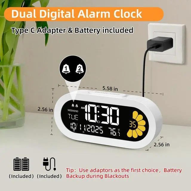 Alt view image 2 of 7 - Digital Alarm Clock for Bedroom: Dual Alarm Bedside Clock VA LCD Display with Seconds, 9-Minute Snooze and Weekend Mode, 3 Brightness, 4 Alarms and 3 Volume LevelsType C & Battery Included