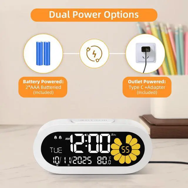 Alt view image 3 of 7 - Digital Alarm Clock for Bedroom: Dual Alarm Bedside Clock VA LCD Display with Seconds, 9-Minute Snooze and Weekend Mode, 3 Brightness, 4 Alarms and 3 Volume LevelsType C & Battery Included