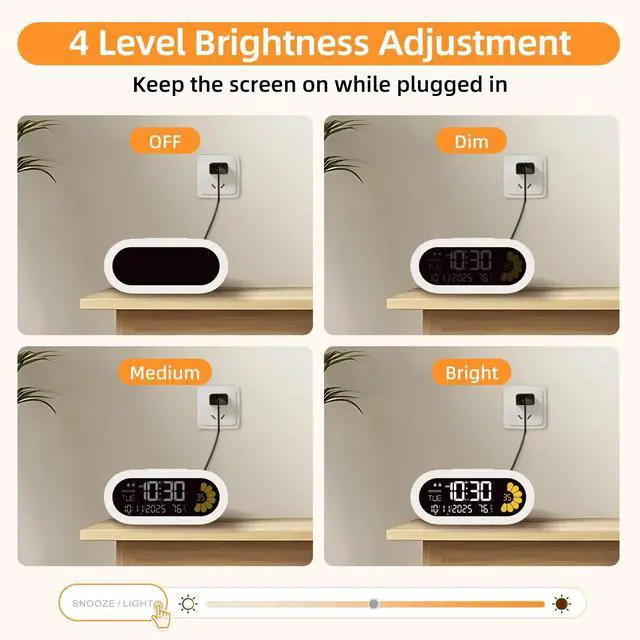 Alt view image 4 of 7 - Digital Alarm Clock for Bedroom: Dual Alarm Bedside Clock VA LCD Display with Seconds, 9-Minute Snooze and Weekend Mode, 3 Brightness, 4 Alarms and 3 Volume LevelsType C & Battery Included