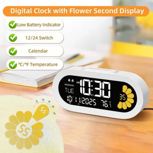 Alt view image 5 of 7 - Digital Alarm Clock for Bedroom: Dual Alarm Bedside Clock VA LCD Display with Seconds, 9-Minute Snooze and Weekend Mode, 3 Brightness, 4 Alarms and 3 Volume LevelsType C & Battery Included