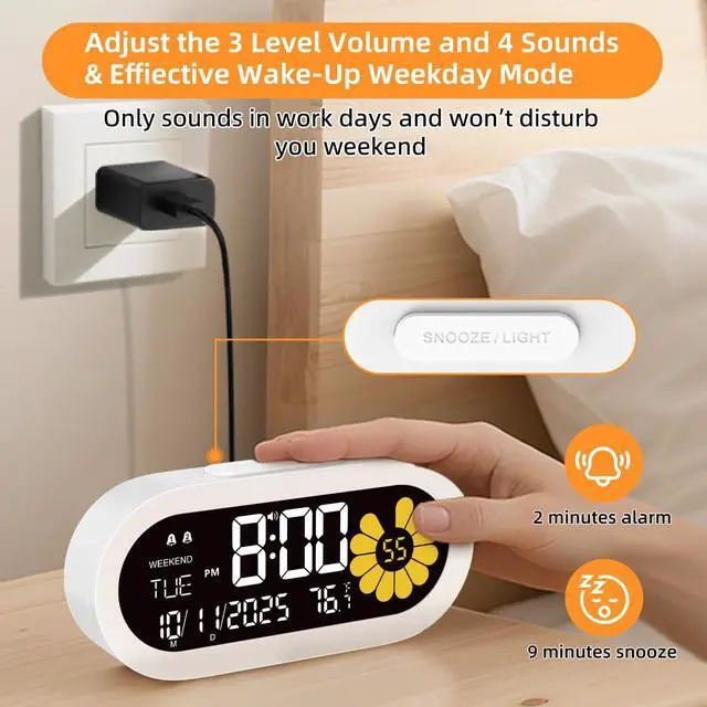 Alt view image 6 of 7 - Digital Alarm Clock for Bedroom: Dual Alarm Bedside Clock VA LCD Display with Seconds, 9-Minute Snooze and Weekend Mode, 3 Brightness, 4 Alarms and 3 Volume LevelsType C & Battery Included