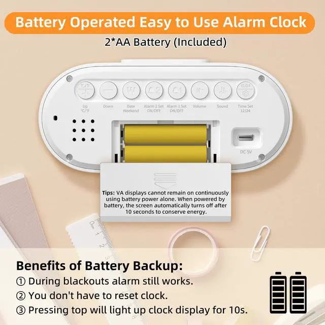 Alt view image 7 of 7 - Digital Alarm Clock for Bedroom: Dual Alarm Bedside Clock VA LCD Display with Seconds, 9-Minute Snooze and Weekend Mode, 3 Brightness, 4 Alarms and 3 Volume LevelsType C & Battery Included