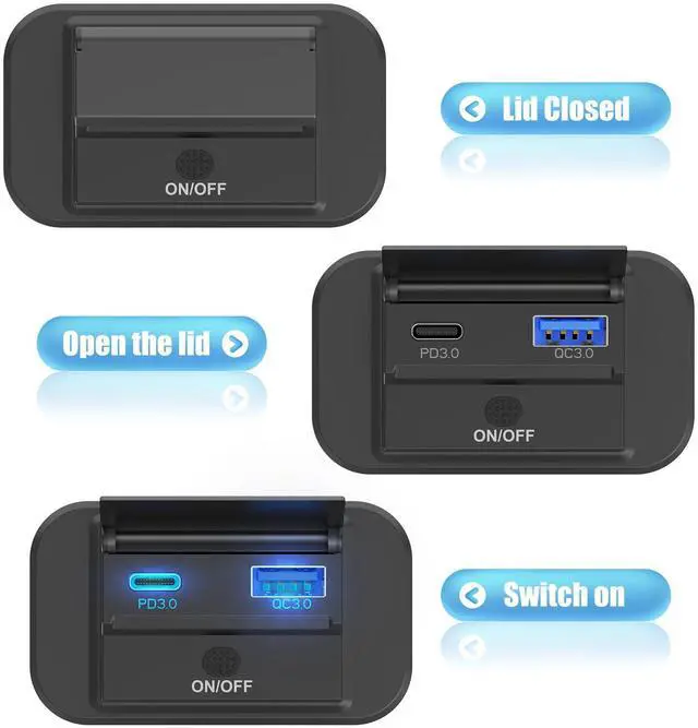 Alt view image 3 of 7 - 12V USB Outlet Surface Mount Lightweight PD USB C 30W and QC 3.0 18W Ports for Car, 12 Volt Cigarette Lighter Replacement Charger Socket Panel with Button Switch for RV Bus Marine Motorcycle
