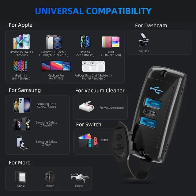 Alt view image 5 of 7 - 2PCS 3 Ports 12V RV USB Outlet 56W, 2PCS Type-C PD3.0 Quick Charge & Dual QC3.0 Panel Wall Surface Mount, Automotive Car Multi-Port USB Socket Charger Adapter for RV Marine Boat Bus Camper ATV Truck