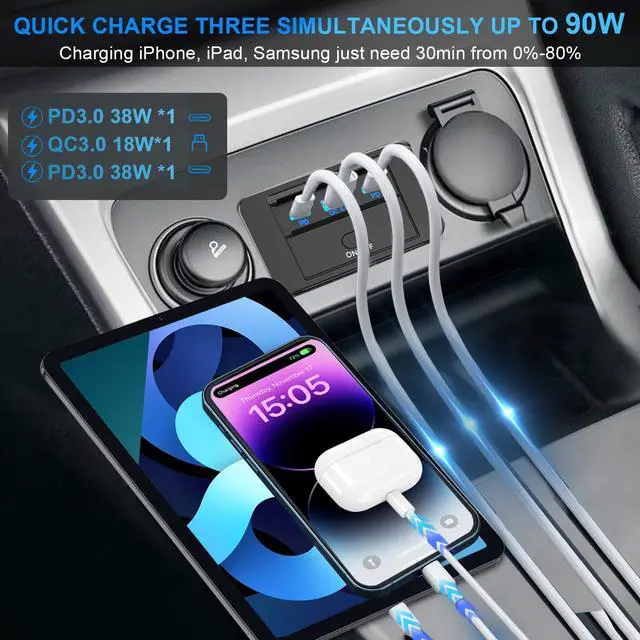 Alt view image 2 of 7 - 4PCS 3 Ports 12V RV USB Outlet 90W, Dual PD3.0 Type-C Quick Charge 72W & USB QC3.0 18W Panel Wall Mount, Automotive Car USB Socket Charger Adapter for RV Marine Boat Bus ATV Motorcycle Truck