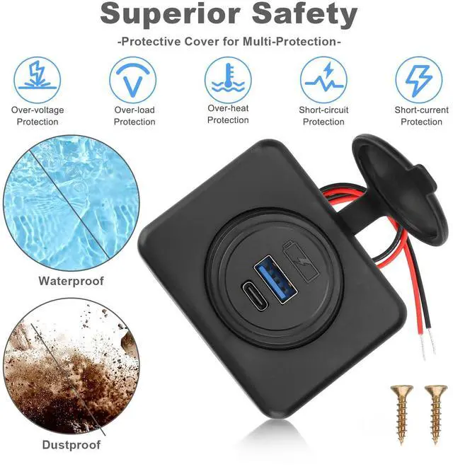 Alt view image 3 of 7 - 2PCS 12V/24V RV USB Outlet with Cap, PD3.0 18W Type-C & QC3.0 18W USB-A Port Panel Mount Surface Automotive Car USB Socket Quick Charger Power Adapter for RV Marine Boat Bus ATV Motorcycle Truck Golf