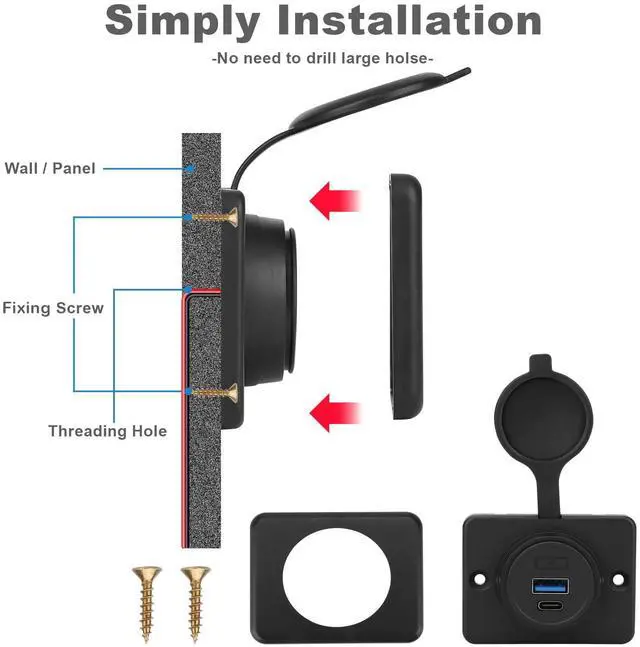Alt view image 6 of 7 - 2PCS 12V/24V RV USB Outlet with Cap, PD3.0 18W Type-C & QC3.0 18W USB-A Port Panel Mount Surface Automotive Car USB Socket Quick Charger Power Adapter for RV Marine Boat Bus ATV Motorcycle Truck Golf