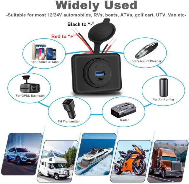 Alt view image 4 of 7 - 2PCS 12V/24V RV USB Outlet with Cap, PD3.0 18W Type-C & QC3.0 18W USB-A Port Panel Mount Surface Automotive Car USB Socket Quick Charger Power Adapter for RV Marine Boat Bus ATV Motorcycle Truck Golf