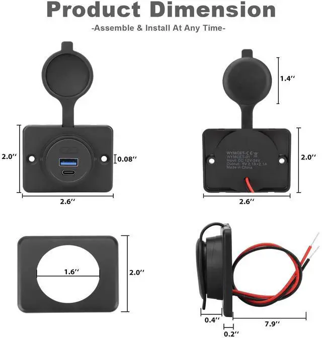 Alt view image 7 of 7 - 2PCS 12V/24V RV USB Outlet with Cap, PD3.0 18W Type-C & QC3.0 18W USB-A Port Panel Mount Surface Automotive Car USB Socket Quick Charger Power Adapter for RV Marine Boat Bus ATV Motorcycle Truck Golf