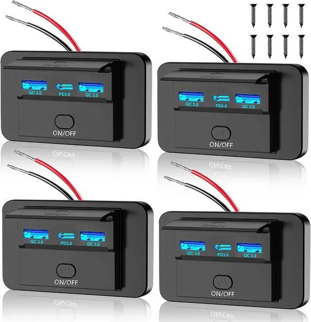 Main image of 4PCS 3 Ports 12V RV USB Outlet 72W, Gibbab Dual USB QC3.0 36W & PD3.0 Type-C Quick Charge 36W Panel Wall Mount, Automotive Car USB Socket Charger Adapter for RV Marine Boat Bus ATV Motorcycle Truck