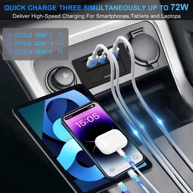 Alt view image 3 of 7 - 4PCS 3 Ports 12V RV USB Outlet 72W, Gibbab Dual USB QC3.0 36W & PD3.0 Type-C Quick Charge 36W Panel Wall Mount, Automotive Car USB Socket Charger Adapter for RV Marine Boat Bus ATV Motorcycle Truck
