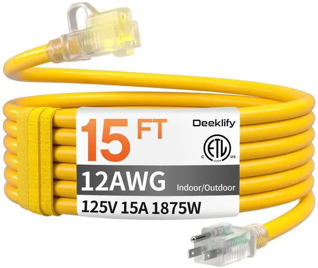 Main image of 12AWG 15 FT Heavy Duty Outdoor Extension Cord Waterproof with Lighted End, 12 Gauge Extension Cord Flexible and Cold Resistant 3 Prong Grounded Plug,Yellow 15Amp 1875W SJTW ETL Listed