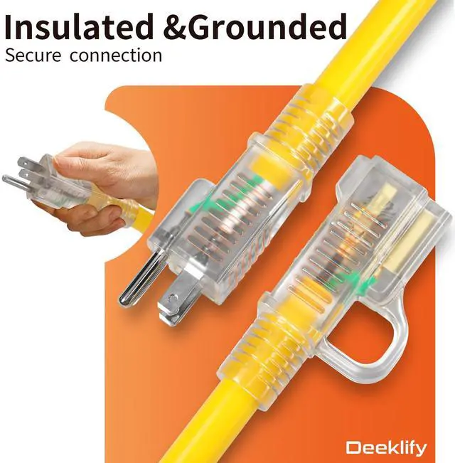 Alt view image 5 of 7 - 12AWG 15 FT Heavy Duty Outdoor Extension Cord Waterproof with Lighted End, 12 Gauge Extension Cord Flexible and Cold Resistant 3 Prong Grounded Plug,Yellow 15Amp 1875W SJTW ETL Listed