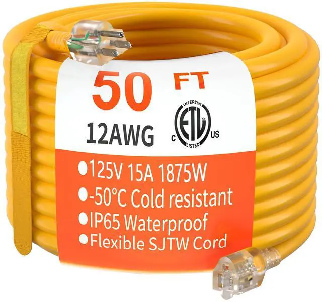 Main image of 50 ft 12/3 Gauge Heavy Duty Outdoor Extension Cord Waterproof with Lighted, Flexible Cold Weather 3 Prong Electric Cord Outside, 15A 1875W 125V 12AWG SJTW, Yellow, ETL Listed