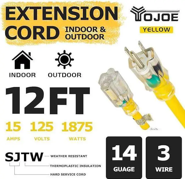 Alt view image 2 of 7 - Indoor Outdoor Extension Cord with Lighted End, 3 Prong 15A Weatherproof Power Cord, 14 Gauge Heavy Duty 12 ft Yellow Extension Cord for Garage, Garden and Home, 14/3 SJTW UL Listed