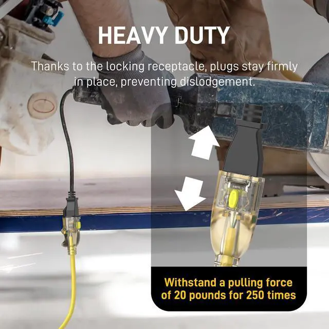 Alt view image 3 of 7 - 25FT 12/3 Gauge Heavy Duty Outdoor Extension Cord Waterproof, Weatherproof -58°F to 140°F with Lighted Outlet & Press-Release Lock, 15A 1875W 3 Prong, SJTW Electrical Power Cord, ETL Listed (Yellow)