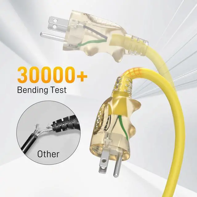 Alt view image 5 of 7 - 25FT 12/3 Gauge Heavy Duty Outdoor Extension Cord Waterproof, Weatherproof -58°F to 140°F with Lighted Outlet & Press-Release Lock, 15A 1875W 3 Prong, SJTW Electrical Power Cord, ETL Listed (Yellow)