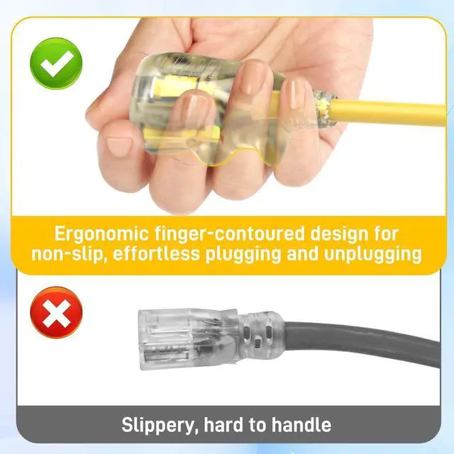 Alt view image 4 of 7 - 25FT 12/3 Gauge Heavy Duty Outdoor Extension Cord Waterproof, Weatherproof -58°F to 140°F with Lighted Outlet & Press-Release Lock, 15A 1875W 3 Prong, SJTW Electrical Power Cord, ETL Listed (Yellow)