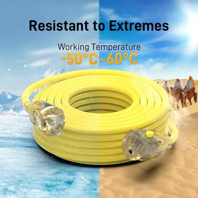 Alt view image 7 of 7 - 25FT 12/3 Gauge Heavy Duty Outdoor Extension Cord Waterproof, Weatherproof -58°F to 140°F with Lighted Outlet & Press-Release Lock, 15A 1875W 3 Prong, SJTW Electrical Power Cord, ETL Listed (Yellow)