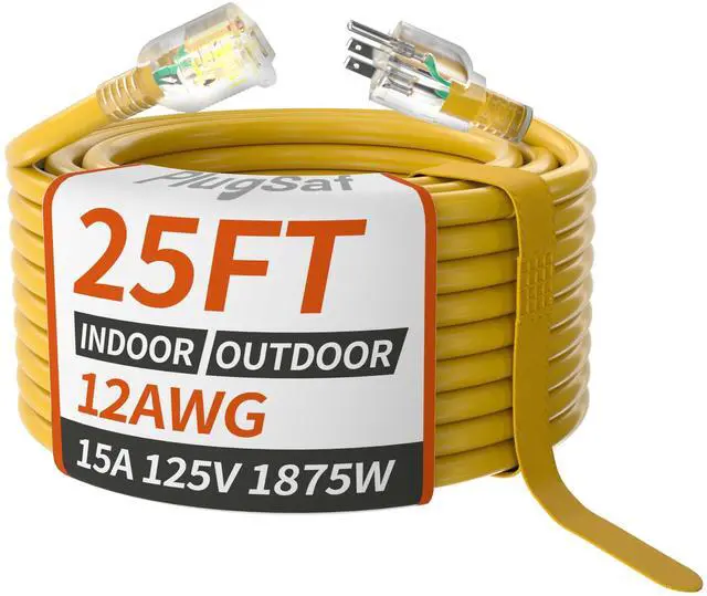 Main image of 25ft 12/3 Gauge Outdoor Extension Cord Waterproof with Lighted Indicator, 12 Gauge SJTW Heavy Duty 15Amp 1875W, 3 Prong Cords Flexible Pure Copper Yellow ETL Listed