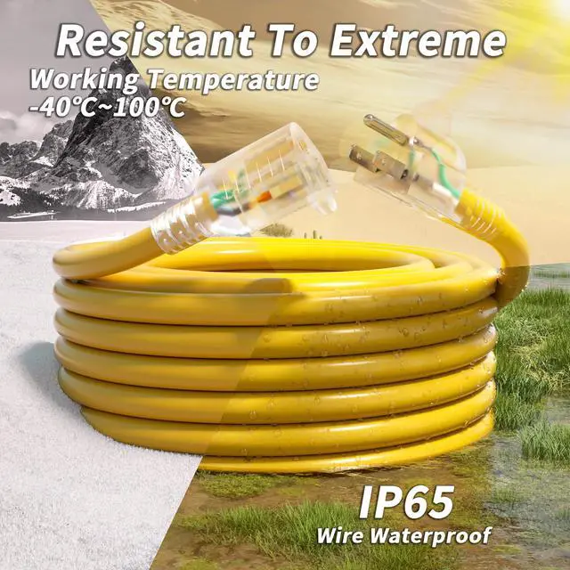 Alt view image 7 of 7 - 25ft 12/3 Gauge Outdoor Extension Cord Waterproof with Lighted Indicator, 12 Gauge SJTW Heavy Duty 15Amp 1875W, 3 Prong Cords Flexible Pure Copper Yellow ETL Listed