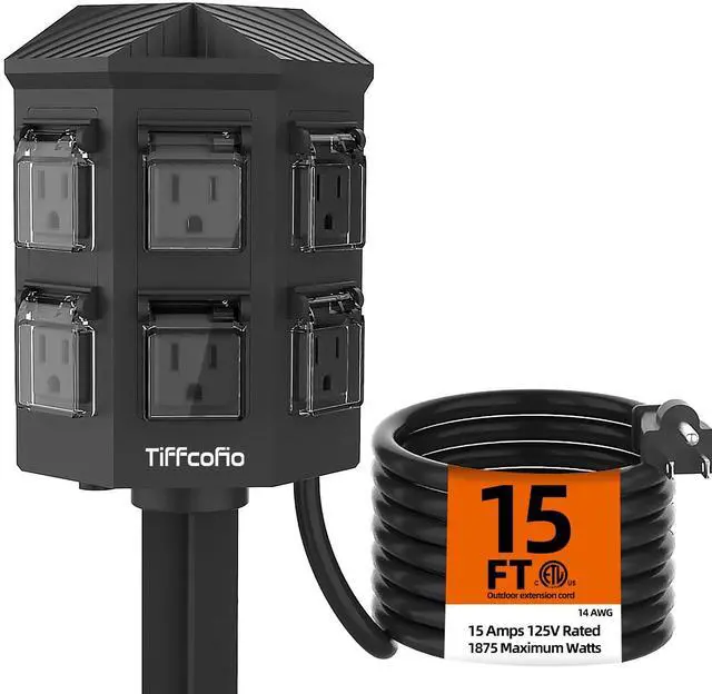 Main image of Outdoor Power Strip with Stake Waterproof, 15 FT Extension Cord, 6 Grounded Outlets for Outdoor Lights, 14 AWG, 15A/1875W, ETL Listed