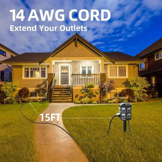 Alt view image 3 of 7 - Outdoor Power Strip with Stake Waterproof, 15 FT Extension Cord, 6 Grounded Outlets for Outdoor Lights, 14 AWG, 15A/1875W, ETL Listed