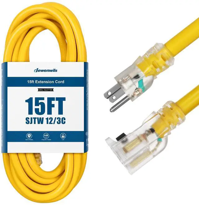 Main image of 15 FT 12/3 Gauge Indoor/Outdoor Extension Cord with Lock, SJTW 15 Amp Yellow Outer Jacket Contractor Grade Heavy Duty Anti-Shedding Power Cable for Christmas