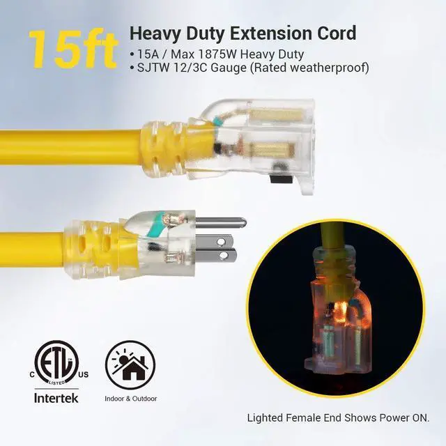 Alt view image 6 of 7 - 15 FT 12/3 Gauge Indoor/Outdoor Extension Cord with Lock, SJTW 15 Amp Yellow Outer Jacket Contractor Grade Heavy Duty Anti-Shedding Power Cable for Christmas