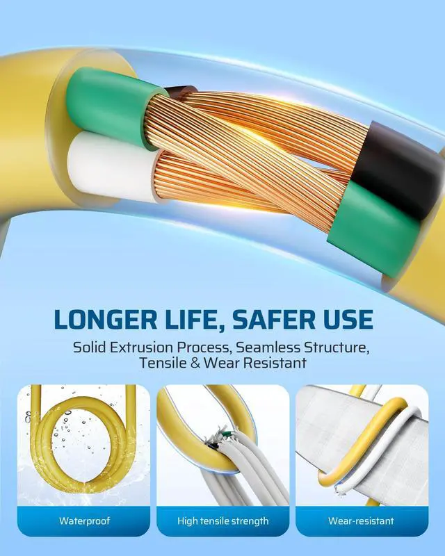 Alt view image 5 of 7 - 15 FT 12/3 Gauge Indoor/Outdoor Extension Cord with Lock, SJTW 15 Amp Yellow Outer Jacket Contractor Grade Heavy Duty Anti-Shedding Power Cable for Christmas