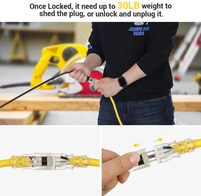 Alt view image 7 of 7 - 15 FT 12/3 Gauge Indoor/Outdoor Extension Cord with Lock, SJTW 15 Amp Yellow Outer Jacket Contractor Grade Heavy Duty Anti-Shedding Power Cable for Christmas