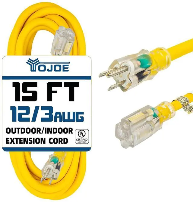 Main image of Indoor Outdoor Extension Cord with Lighted End, 12 Gauge Heavy Duty 15 ft Yellow 3 Prong 15A Weatherproof Power Cord for Garage, Garden and Home, 12/3 SJTW UL Listed