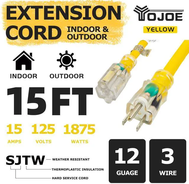 Alt view image 2 of 7 - Indoor Outdoor Extension Cord with Lighted End, 12 Gauge Heavy Duty 15 ft Yellow 3 Prong 15A Weatherproof Power Cord for Garage, Garden and Home, 12/3 SJTW UL Listed