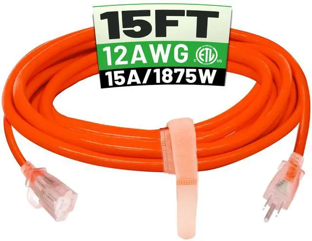 Main image of 15 ft 12/3 Outdoor Extension Cord Waterproof Heavy Duty with Lighted Indicator End 12 Gauge 3 Prong, Flexible Cold-Resistant Long Power Cord Outside, 15Amp 1875W SJTW Orange ETL Listed