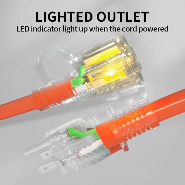 Alt view image 2 of 7 - 15 ft 12/3 Outdoor Extension Cord Waterproof Heavy Duty with Lighted Indicator End 12 Gauge 3 Prong, Flexible Cold-Resistant Long Power Cord Outside, 15Amp 1875W SJTW Orange ETL Listed