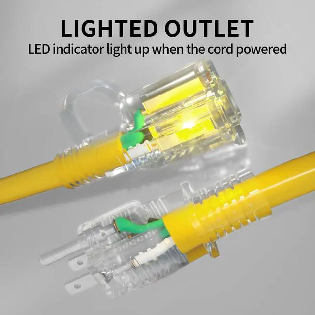 Alt view image 2 of 7 - 15 ft 12/3 Outdoor Extension Cord Waterproof Heavy Duty with Lighted Indicator End 12 Gauge 3 Prong, Flexible Cold-Resistant Long Power Cord Outside, 15Amp 1875W SJTW Yellow ETL Listed