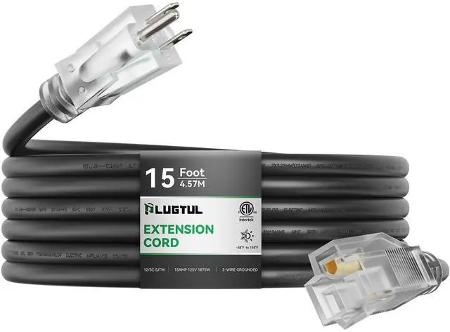 Main image of Outdoor Extension Cord 15FT, 12 Gauge Extension Cord with Lighted End, Heavy Duty,15A 1875W SJTW, ETL Listed, Great for Garden and Home, Black