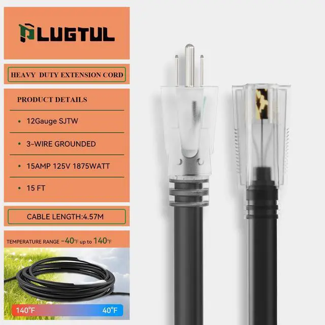 Alt view image 3 of 7 - Outdoor Extension Cord 15FT, 12 Gauge Extension Cord with Lighted End, Heavy Duty,15A 1875W SJTW, ETL Listed, Great for Garden and Home, Black