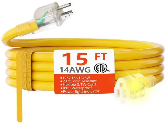 Main image of 15 ft 14/3 Gauge Heavy Duty Outdoor Extension Cord Waterproof with Lighted, Flexible Cold Weather 3 Prong Electric Cord Outside, 15A 1875W 125V 14AWG SJTW, Yellow, ETL Listed