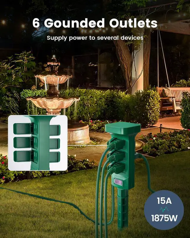Alt view image 2 of 7 - Outdoor Power Stake Waterproof, 6 Grounded Outlets Power Strip Weatherproof, 6FT Extension Cord Outlet for Yard, Garden, Christmas Light, Patio Lights, 1875W/15A, Green
