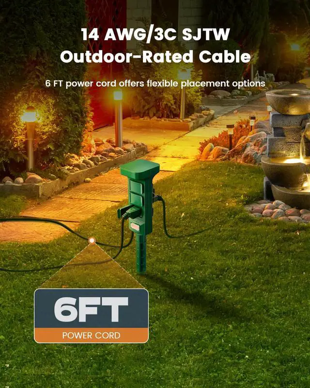 Alt view image 5 of 7 - Outdoor Power Stake Waterproof, 6 Grounded Outlets Power Strip Weatherproof, 6FT Extension Cord Outlet for Yard, Garden, Christmas Light, Patio Lights, 1875W/15A, Green