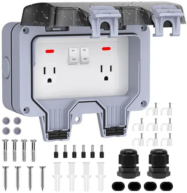 Main image of Double Outdoor Outlet with Cover IP66 Waterproof Outdside Plug Socket Weatherproof Exterior Wall Electrical Box with Switch Indicator Light 2-Gang Power Outlet for Wet Garden Swimming Pool