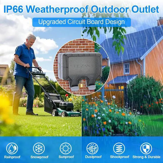 Alt view image 2 of 7 - Double Outdoor Outlet with Cover IP66 Waterproof Outdside Plug Socket Weatherproof Exterior Wall Electrical Box with Switch Indicator Light 2-Gang Power Outlet for Wet Garden Swimming Pool