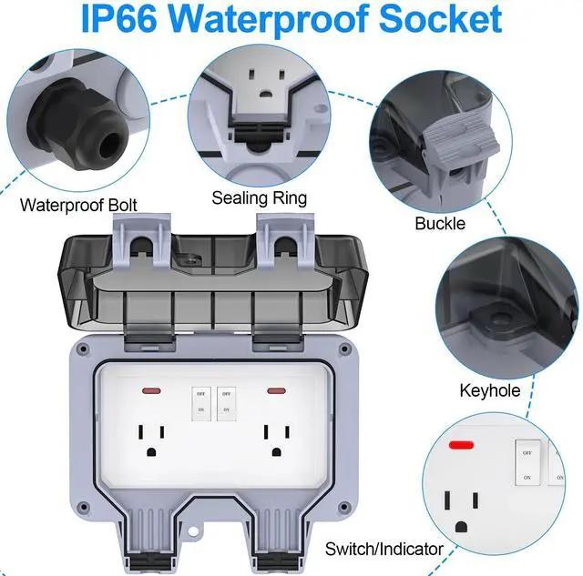 Alt view image 4 of 7 - Double Outdoor Outlet with Cover IP66 Waterproof Outdside Plug Socket Weatherproof Exterior Wall Electrical Box with Switch Indicator Light 2-Gang Power Outlet for Wet Garden Swimming Pool