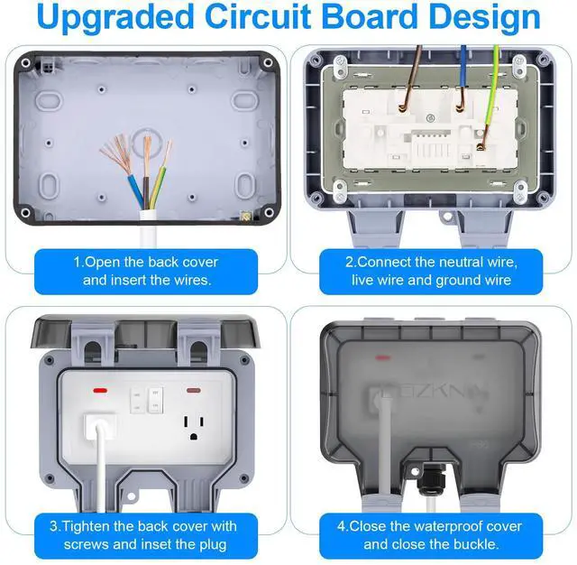 Alt view image 5 of 7 - Double Outdoor Outlet with Cover IP66 Waterproof Outdside Plug Socket Weatherproof Exterior Wall Electrical Box with Switch Indicator Light 2-Gang Power Outlet for Wet Garden Swimming Pool