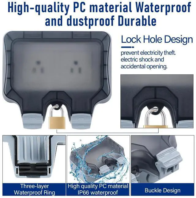 Alt view image 3 of 7 - Outdoor Power Outlet Box with 16.4Ft Extension Cord, NEMA 5-15R, STW 14 AWG, Weatherproof Waterproof IP66 Electrical Outlet Extender, Exterior Wall Power Socket w/Cover for Garden