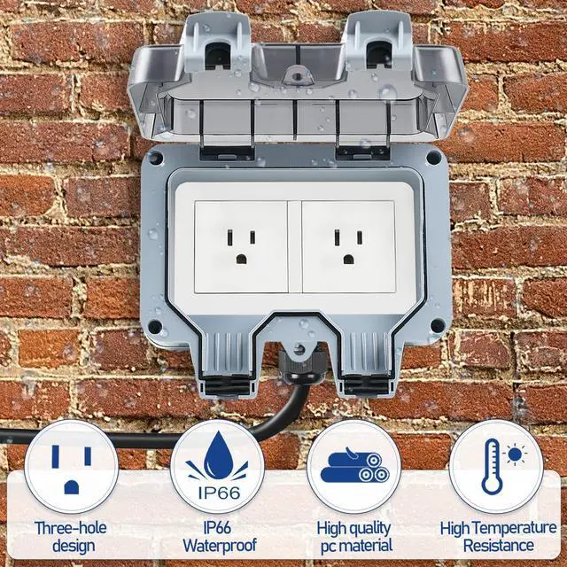 Alt view image 4 of 7 - Outdoor Power Outlet Box with 16.4Ft Extension Cord, NEMA 5-15R, STW 14 AWG, Weatherproof Waterproof IP66 Electrical Outlet Extender, Exterior Wall Power Socket w/Cover for Garden