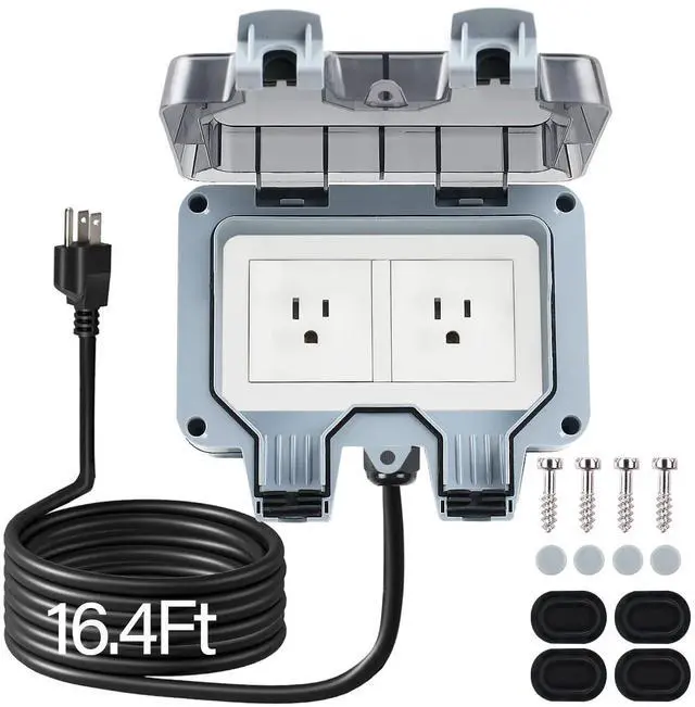 Main image of Outdoor Power Outlet Box with 16.4Ft Extension Cord, NEMA 5-15R, STW 14 AWG, Weatherproof Waterproof IP66 Electrical Outlet Extender, Exterior Wall Power Socket w/Cover for Garden