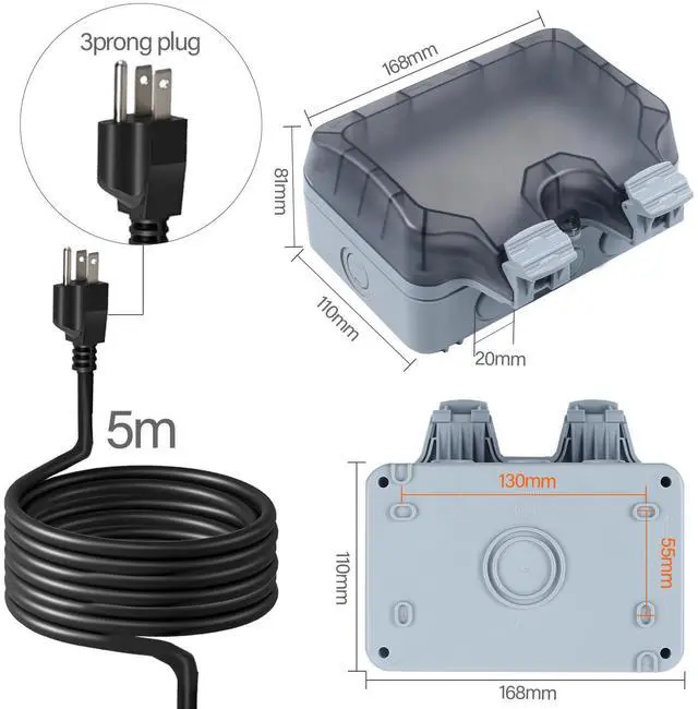 Alt view image 2 of 7 - Outdoor Power Outlet Box with 16.4Ft Extension Cord, NEMA 5-15R, STW 14 AWG, Weatherproof Waterproof IP66 Electrical Outlet Extender, Exterior Wall Power Socket w/Cover for Garden